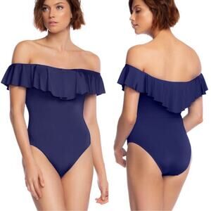 Trina Turk navy blue off shoulder ruffle one piece swimsuit modest full coverage